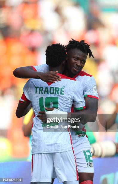 Player from Burkina Faso is reacting after scoring a goal against Mauritania during the Group D football match of the Africa Cup of Nations 2024...