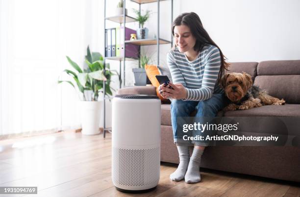 adjusting air purifier. - air purifier stock pictures, royalty-free photos & images