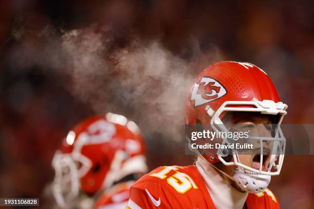 Patrick Mahomes of the Kansas City Chiefs celebrates throwing a touchdown pass during the first quarter against the Miami Dolphins in the AFC Wild...