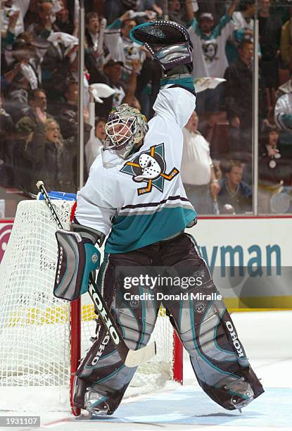 Goalie Jean-Sebastien Giguere of the Mighty Ducks of Anaheim celebrates victory in game 3 against the Detroit Red Wings during round one of the 2003...