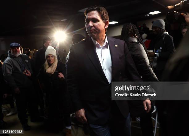 Republican presidential candidate Florida Gov. Ron DeSantis leaves a campaign event at The Grass Wagon on January 13, 2024 in Council Bluffs, Iowa....