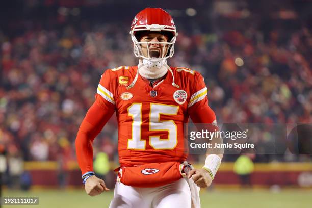 Patrick Mahomes of the Kansas City Chiefs reacts as he takes the field before the AFC Wild Card Playoffs against the Miami Dolphins at GEHA Field at...