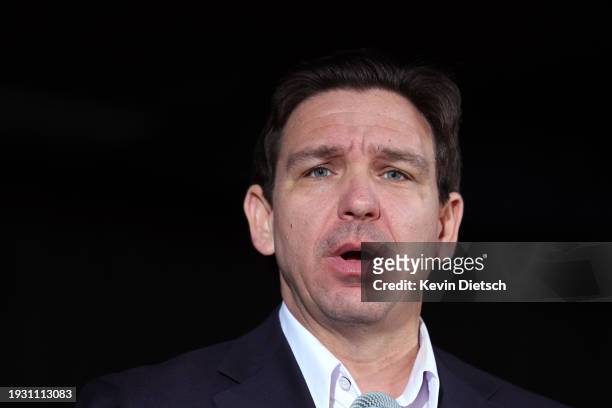 Republican presidential candidate Florida Gov. Ron DeSantis speaks at a campaign event at The Grass Wagon on January 13, 2024 in Council Bluffs,...