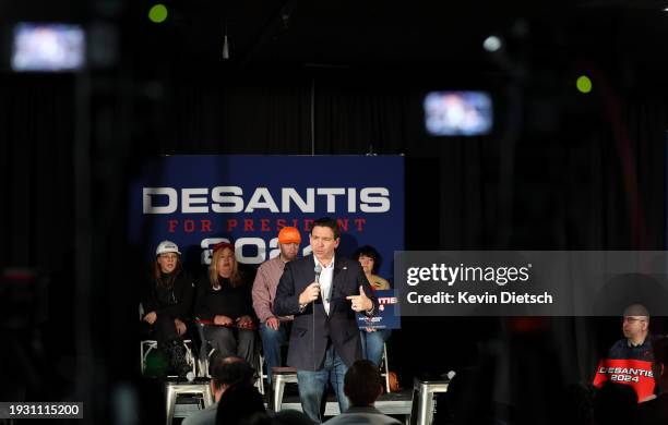 Republican presidential candidate Florida Gov. Ron DeSantis speaks at a campaign event at The Grass Wagon on January 13, 2024 in Council Bluffs,...