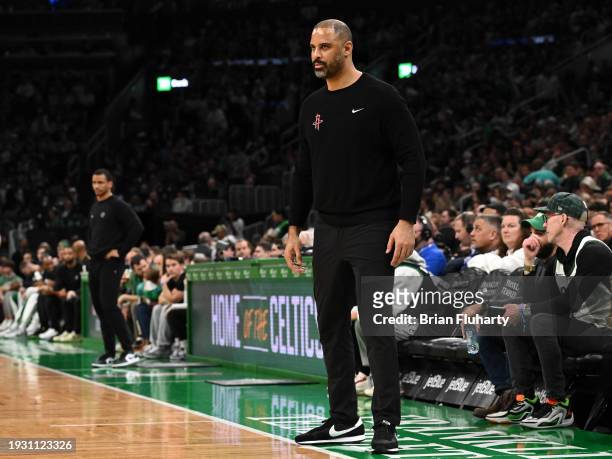 Ime Udoka of the Houston Rockets watches a play against the Boston Celtics during the first quarter at the TD Garden on January 13, 2024 in Boston,...