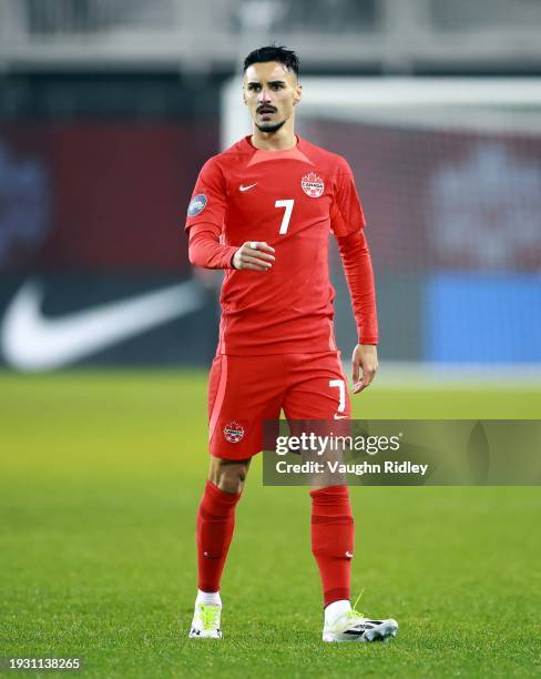 Stephen Eustaquio of Canada looks on against Jamaica during a CONCACAF Nations League match at BMO Field on November 21, 2023 in Toronto, Ontario,...