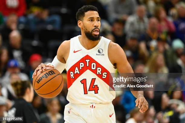 Garrett Temple of the Toronto Raptors in action during the second half of a game against the Utah Jazz at Delta Center on January 12, 2024 in Salt...