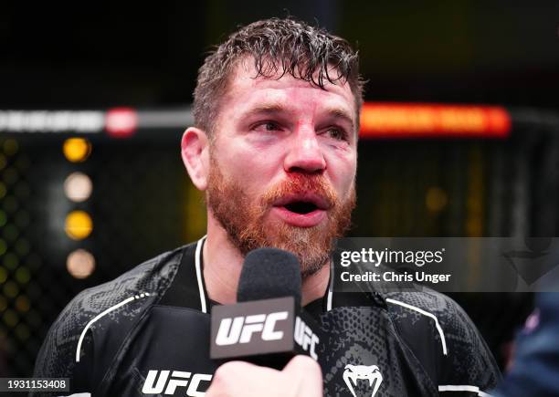 Jim Miller reacts after his victory against Gabriel Benitez of Mexico in a lightweight fight during the UFC Fight Night event at UFC APEX on January...