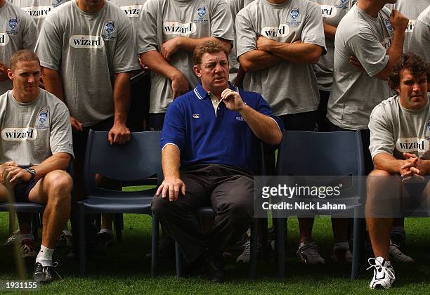 Coach Phil Gould looks on at a photo call during the New South Wales State of Origin squad training at Telstra Stadium on April 14, 2003 in Sydney,...