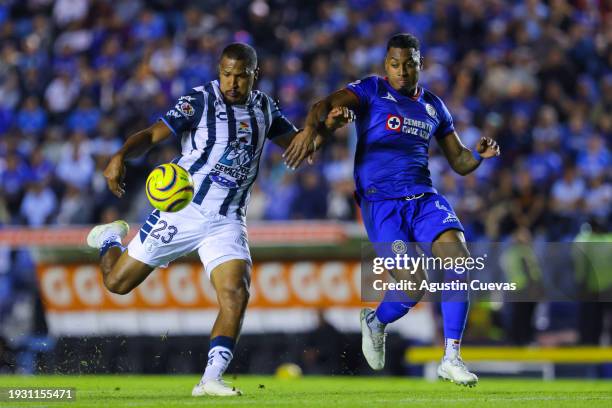 Jose Salomon Rondon of Pachuca fights for the ball with Willer Ditta of Cruz Azul during the 1st round match between Cruz Azul and Pachuca as part of...