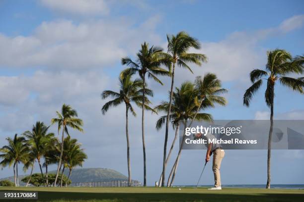 Sam Stevens of the United States putts on the 17th green during the third round of the Sony Open in Hawaii at Waialae Country Club on January 13,...