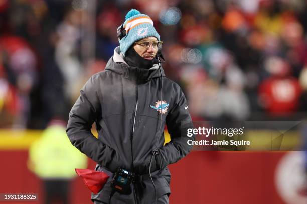 Head coach Mike McDaniel of the Miami Dolphins looks on during the first half in the AFC Wild Card Playoffs against the Kansas City Chiefs at GEHA...