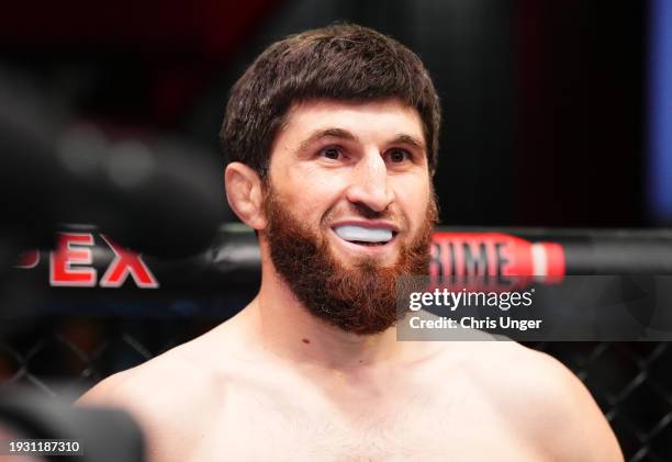 Magomed Ankalaev of Russia prepares to face Johnny Walker of Brazil in a light heavyweight fight during the UFC Fight Night event at UFC APEX on...