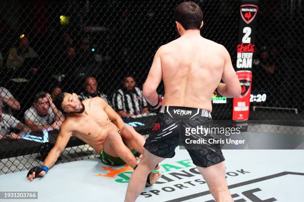 Magomed Ankalaev of Russia knocks out Johnny Walker of Brazil in a light heavyweight fight during the UFC Fight Night event at UFC APEX on January...