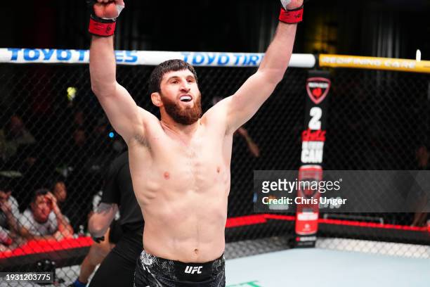 Magomed Ankalaev of Russia reacts after his knockout victory against Johnny Walker of Brazil in a light heavyweight fight during the UFC Fight Night...