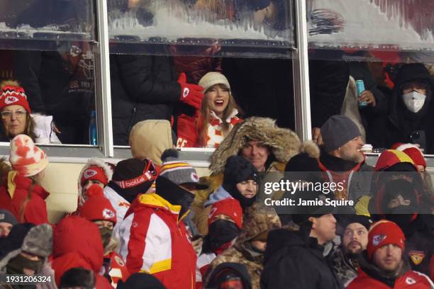 Taylor Swift attends the AFC Wild Card Playoffs between the Miami Dolphins and the Kansas City Chiefs at GEHA Field at Arrowhead Stadium on January...