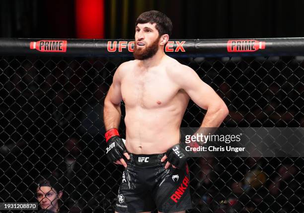 Magomed Ankalaev of Russia reacts against Johnny Walker of Brazil in a light heavyweight fight during the UFC Fight Night event at UFC APEX on...