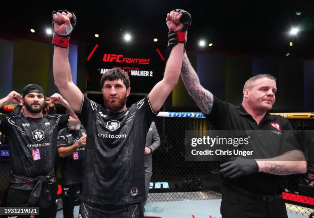 Magomed Ankalaev of Russia reacts after his knockout victory against Johnny Walker of Brazil in a light heavyweight fight during the UFC Fight Night...