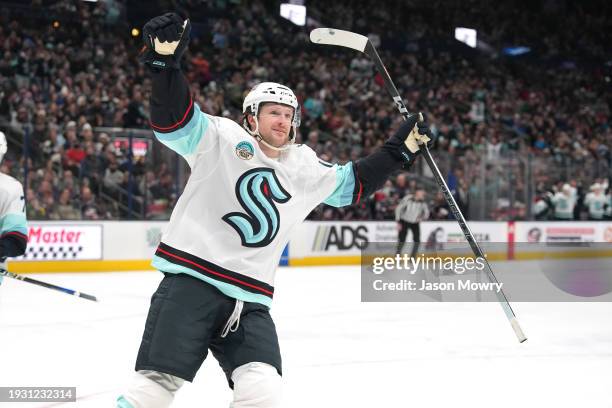 Jared McCann of the Seattle Kraken celebrates a goal in the third period against the Columbus Blue Jackets at Nationwide Arena on January 13, 2024 in...