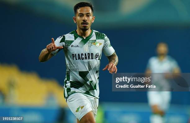 Alanzinho of Moreirense FC celebrates after scoring a goal during the Liga Portugal Betclic match between GD Estoril Praia and Moreirense FC at...