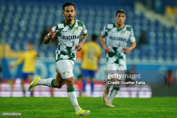 Alanzinho of Moreirense FC celebrates after scoring a goal during the Liga Portugal Betclic match between GD Estoril Praia and Moreirense FC at...