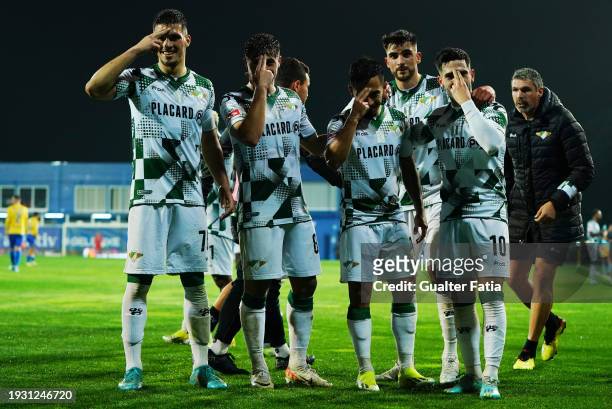 Alanzinho of Moreirense FC celebrates with teammates after scoring a goal during the Liga Portugal Betclic match between GD Estoril Praia and...