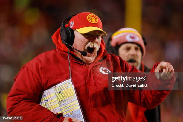 Head coach Andy Reid of the Kansas City Chiefs reacts after a no-call during the second quarter in the AFC Wild Card Playoffs against the Miami...