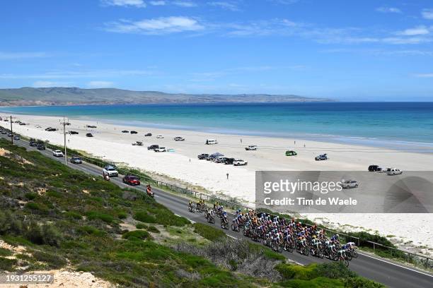 General view of the peloton passing through Aldinga Beach during the 8th Santos Women's Tour Down Under 2024, Stage 3 a 93.4km stage from Adelaide to...