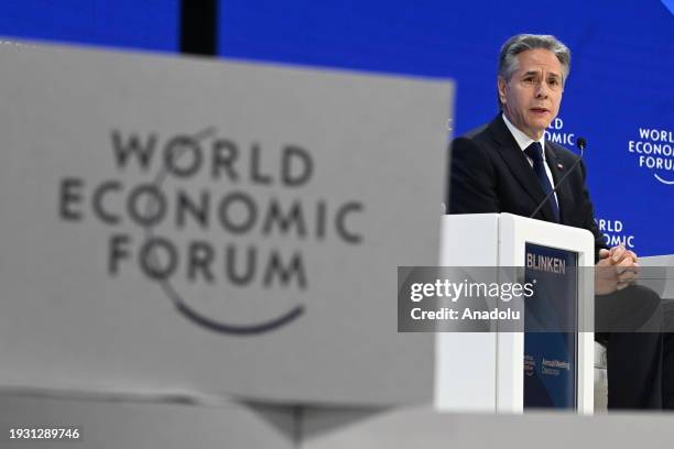 Secretary of State Antony Blinken speaks during the World Economic Forum in Davos, Switzerland on January 17, 2024.