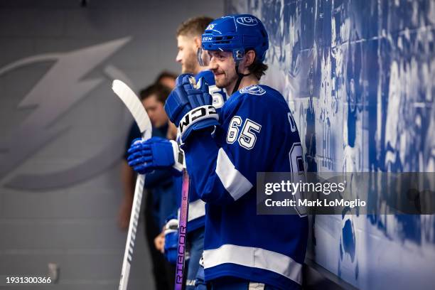 Maxwell Crozier of the Tampa Bay Lightning gets ready for his NHL debut against the Anaheim Ducks at Amalie Arena on January 13, 2024 in Tampa,...