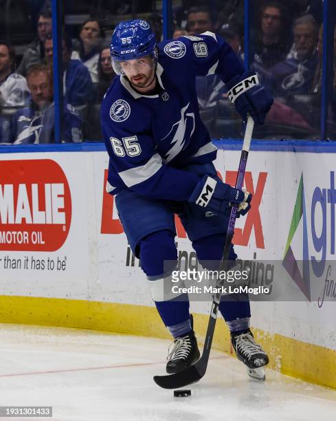 Maxwell Crozier of the Tampa Bay Lightning against the Anaheim Ducks during the second period at Amalie Arena on January 13, 2024 in Tampa, Florida.