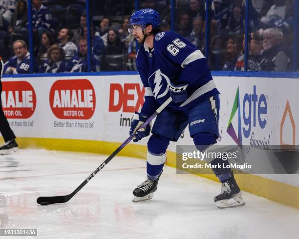 Maxwell Crozier of the Tampa Bay Lightning against the Anaheim Ducks during the second period at Amalie Arena on January 13, 2024 in Tampa, Florida.