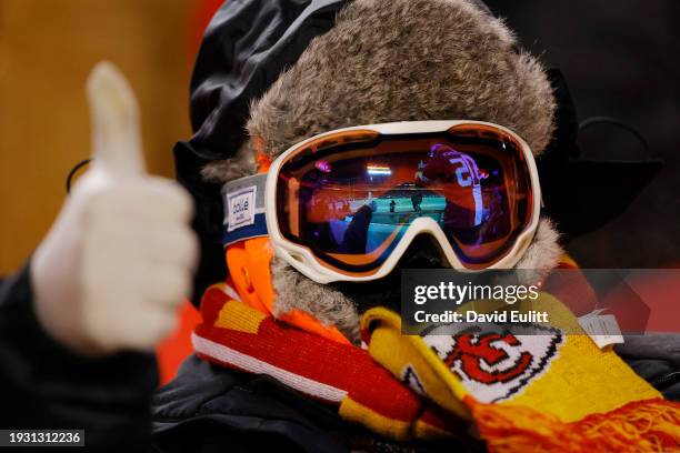 Kansas City Chiefs fan gestures during the AFC Wild Card Playoffs between the Miami Dolphins and the Kansas City Chiefs at GEHA Field at Arrowhead...