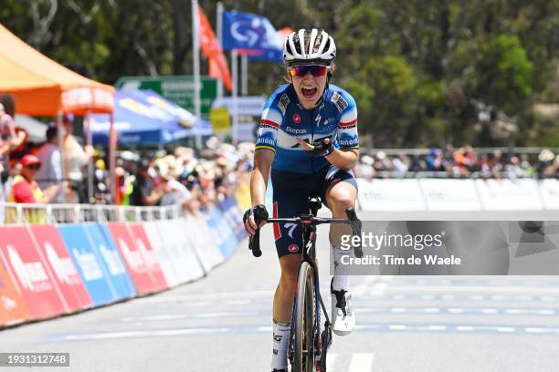 Sarah Gigante of Australia and AG Insurance - Soudal Team celebrates at finish line as stage winner during the 8th Santos Women's Tour Down Under...