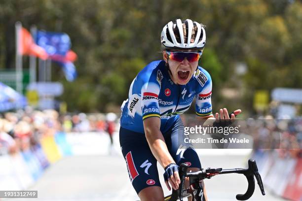 Sarah Gigante of Australia and AG Insurance - Soudal Team celebrates at finish line as stage winner during the 8th Santos Women's Tour Down Under...