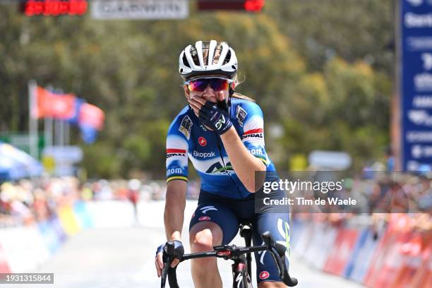 Sarah Gigante of Australia and AG Insurance - Soudal Team celebrates at finish line as stage winner during the 8th Santos Women's Tour Down Under...