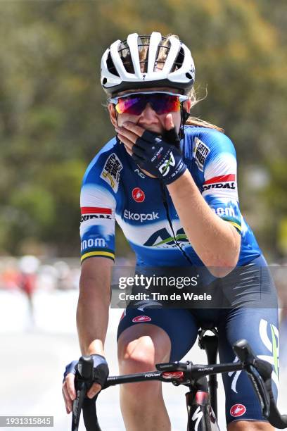 Sarah Gigante of Australia and AG Insurance - Soudal Team celebrates at finish line as stage winner during the 8th Santos Women's Tour Down Under...