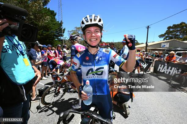 Stage and overall race winner Sarah Gigante of Australia and AG Insurance - Soudal Team reacts after the 8th Santos Women's Tour Down Under 2024,...