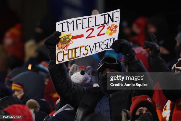 Kansas City Chiefs fan holds a sign during the AFC Wild Card Playoffs between the Miami Dolphins and the Kansas City Chiefs at GEHA Field at...