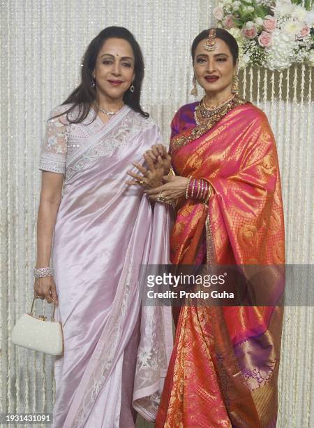Hema Malini and Rekha attend the Nupur Shikhare and Ira Khan wedding reception on January 13, 2024 in Mumbai, India