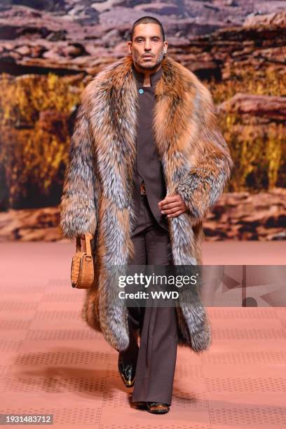 Model on the runway at Louis Vuitton Men's Fall 2024 as part of Paris Men's Fashion Week held at Jardin d'Acclimatation on January 16, 2024 in Paris,...
