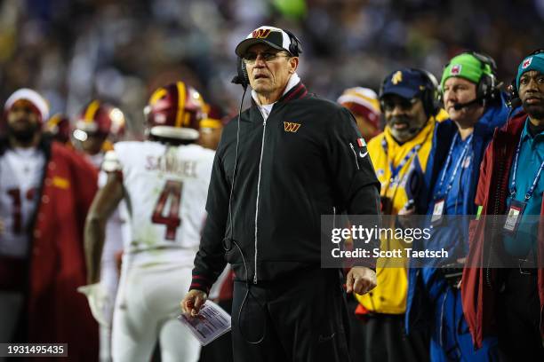 Head coach Ron Rivera of the Washington Commanders looks on against the Dallas Cowboys during the first half of the game at FedExField on January 7,...