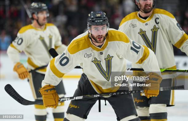 Nicolas Roy of the Vegas Golden Knights prepares for a face off during the third period against the Calgary Flames at T-Mobile Arena on January 13,...