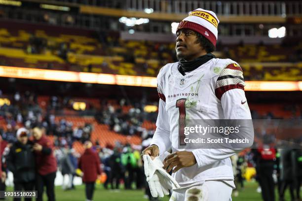 Jahan Dotson of the Washington Commanders walks off the field after the game against the Dallas Cowboys at FedExField on January 7, 2024 in Landover,...