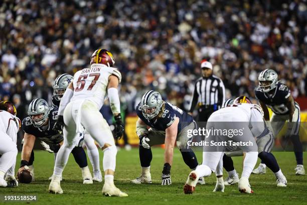 Bass of the Dallas Cowboys lines up against the Washington Commanders during the second half of the game at FedExField on January 7, 2024 in...