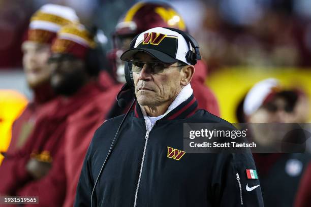 Head coach Ron Rivera of the Washington Commanders looks on against the Dallas Cowboys during the second half of the game at FedExField on January 7,...