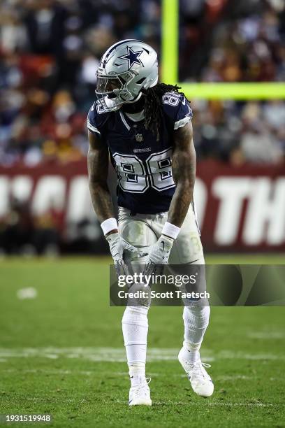 CeeDee Lamb of the Dallas Cowboys lines up against the Washington Commanders during the second half of the game at FedExField on January 7, 2024 in...