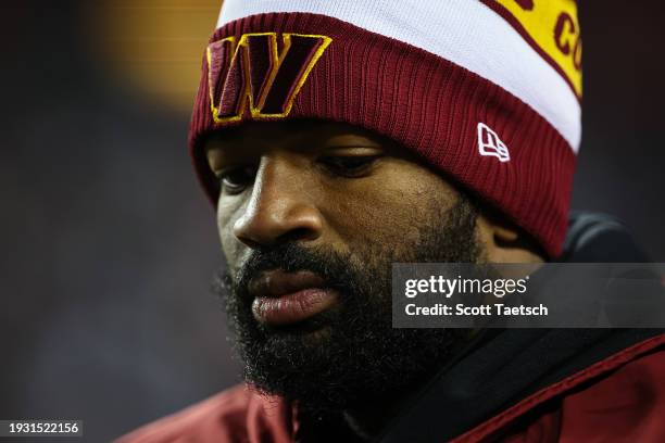 Jacoby Brissett of the Washington Commanders looks on during the second half of the game against the Dallas Cowboys at FedExField on January 7, 2024...