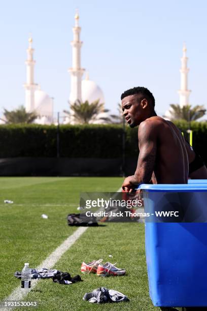 Nelson Semedo of Wolverhampton Wanderers looks on from an ice bath during a Wolverhampton Wanderers warm weather training camp on January 12, 2024 in...