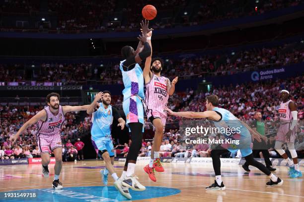 Denzel Valentine of the Kings drives to the basket during the round 15 NBL match between Sydney Kings and New Zealand Breakers at Qudos Bank Arena,...